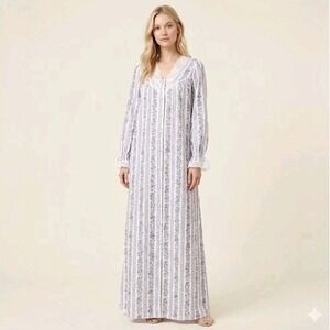 Vintage Lanz of Salzburg Robe Nightgown Floral Stripe Lace Cottagecore USA Made
